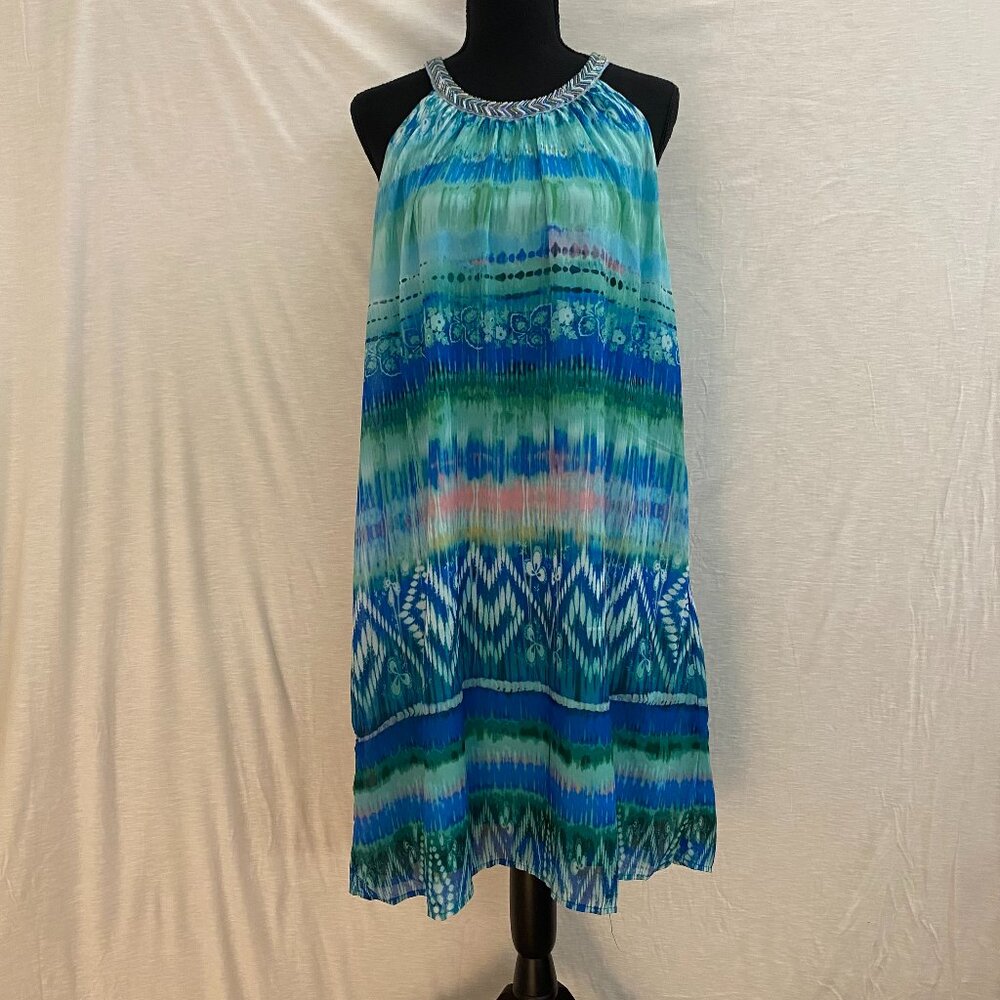 Neiman Marcus Women's Dress Blue Green Beaded Neckline‎ Size 14 Knee Length